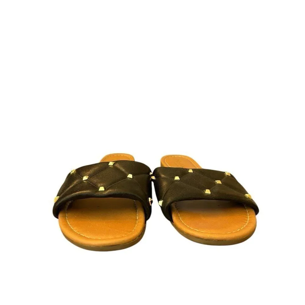 Mariella Womens Size 9 Black Gold Studded Slide Quilted Flat Sandals Italy